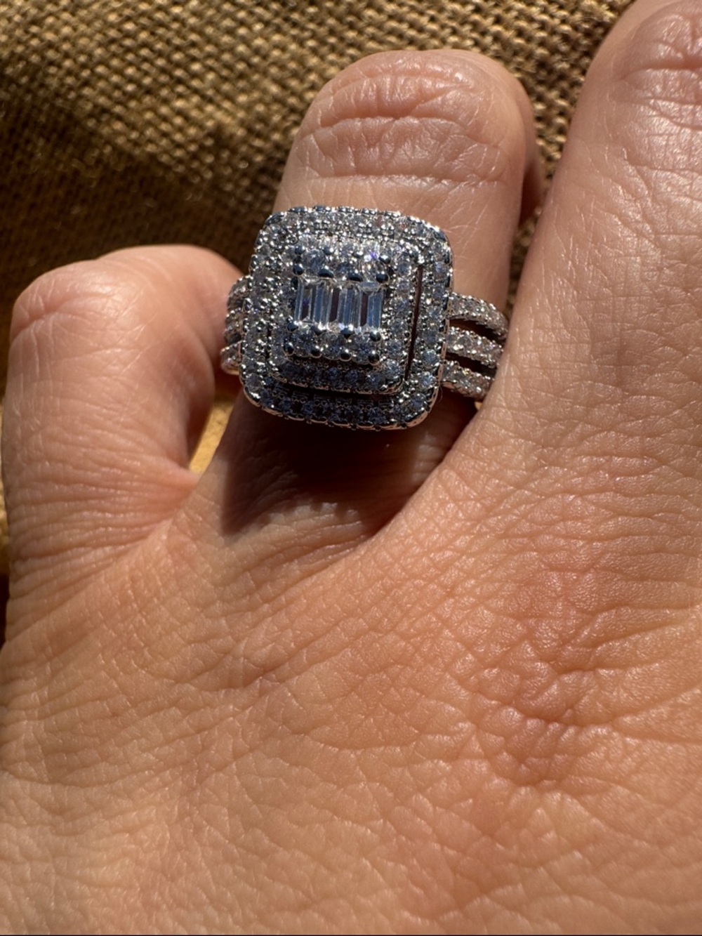 Silver Square Halo Diamond Ring - White Size 8